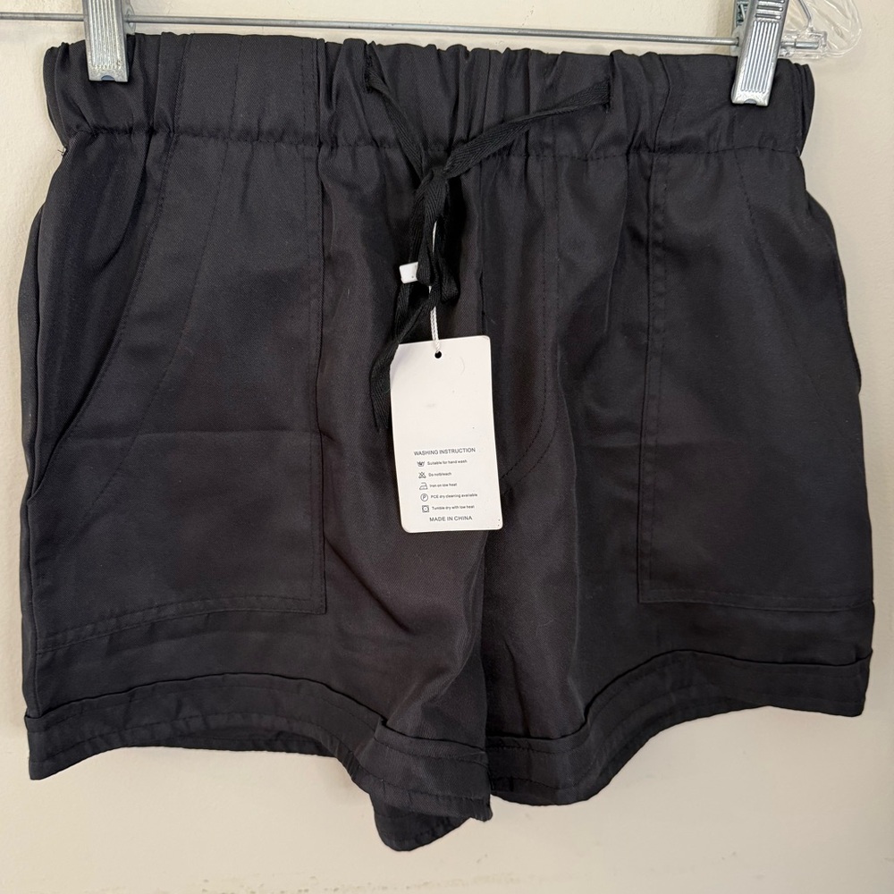 Basico black silky shorts elastic drawstring waist roomy front & back pockets M